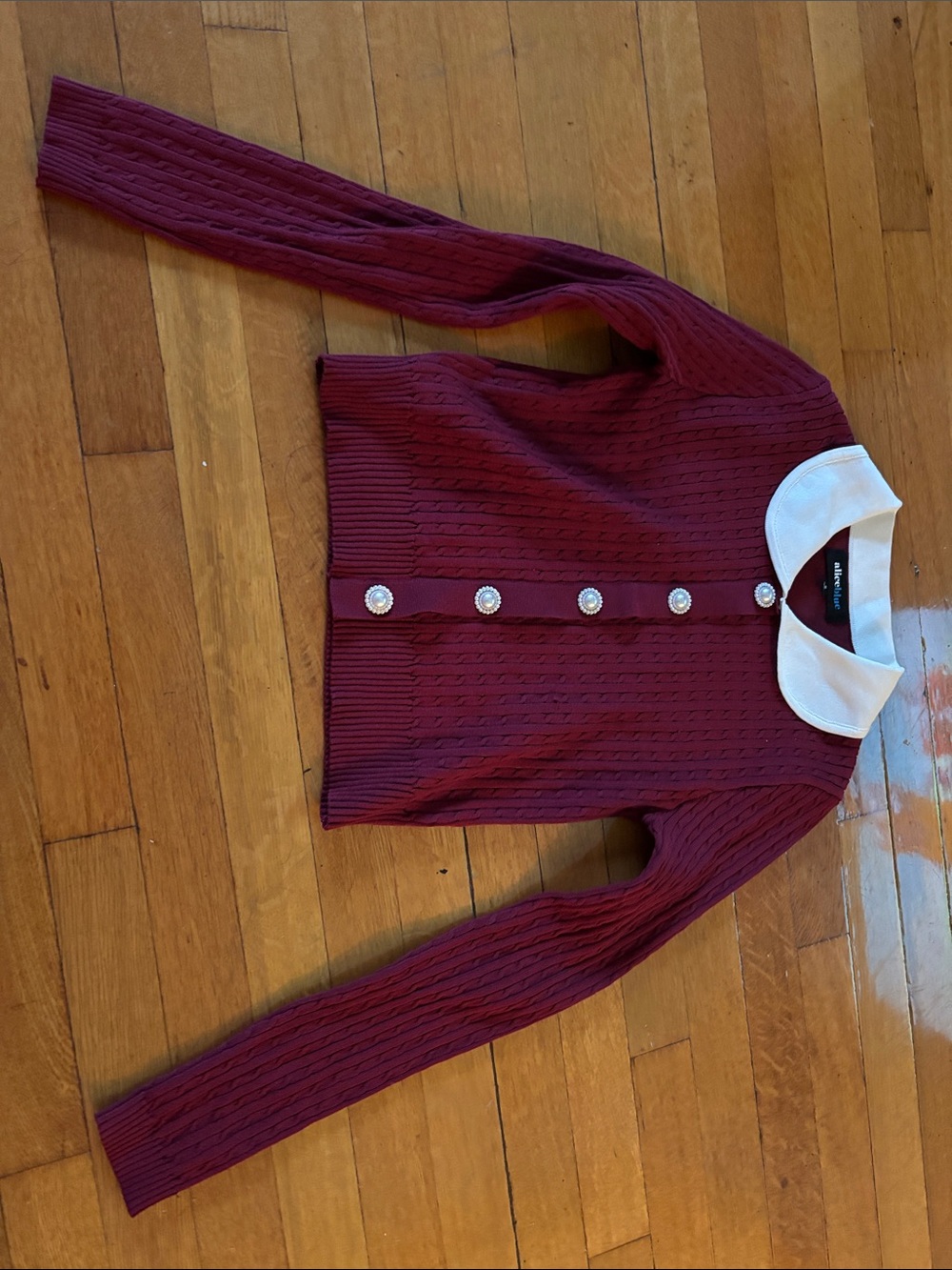 Alice Blue Burgundy Knit Cardigan with White Peter Pan Collar